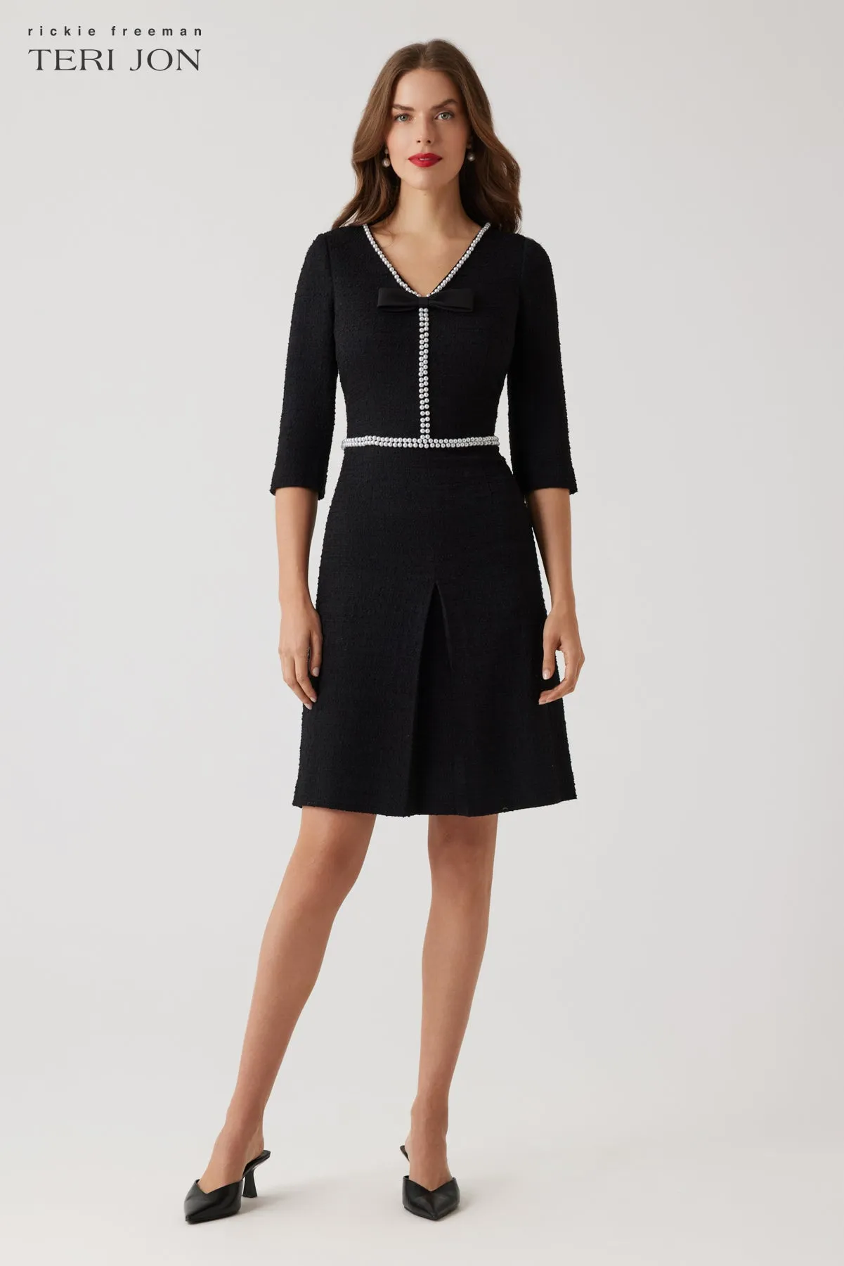 Boucle V Neck Pearl Trim Dress sold by Teri Jon product image thumbnail 3