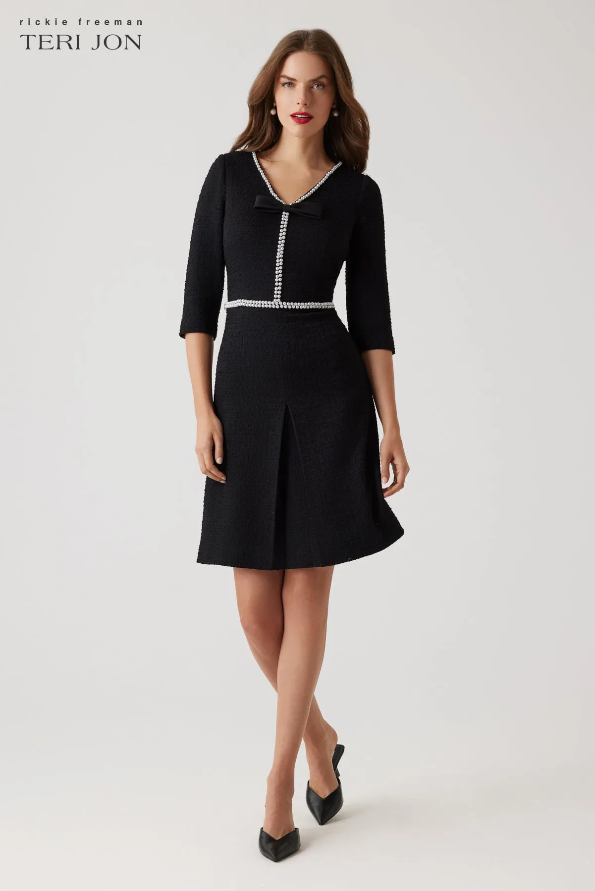 Boucle V Neck Pearl Trim Dress sold by Teri Jon