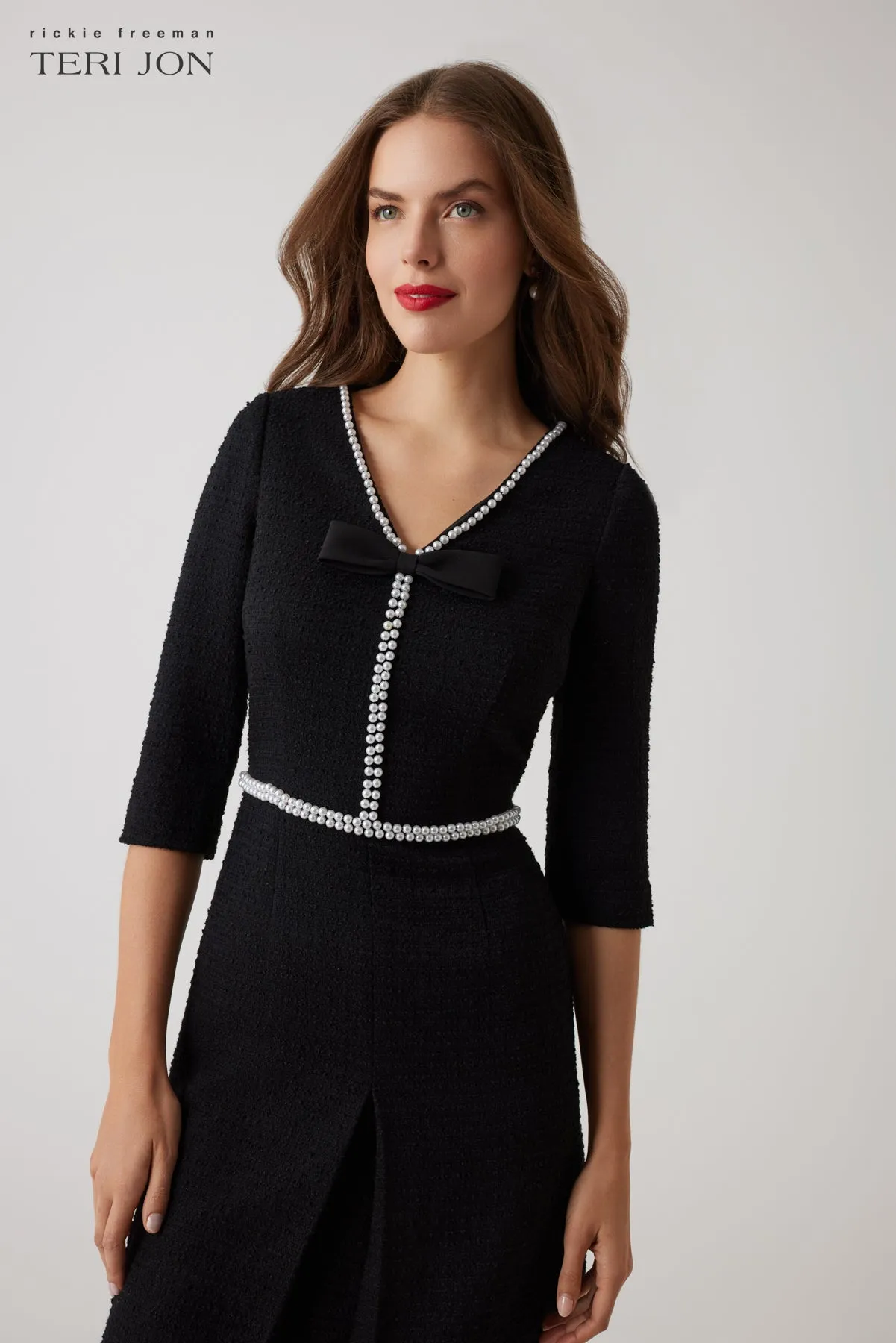 Boucle V Neck Pearl Trim Dress sold by Teri Jon product image thumbnail 4