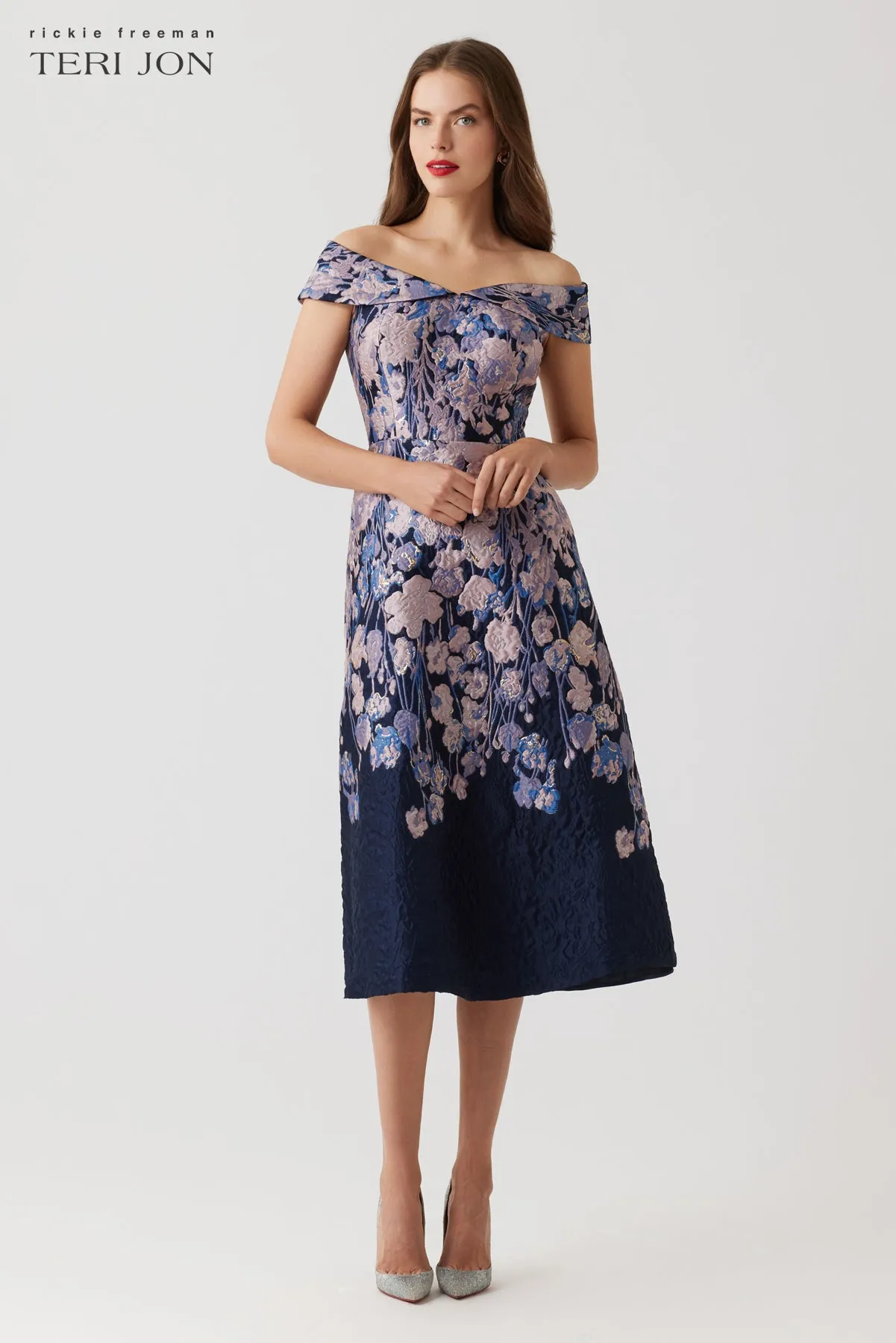 Floral Metallic Jacquard Off The Shoulder Dress sold by Teri Jon product image thumbnail 3