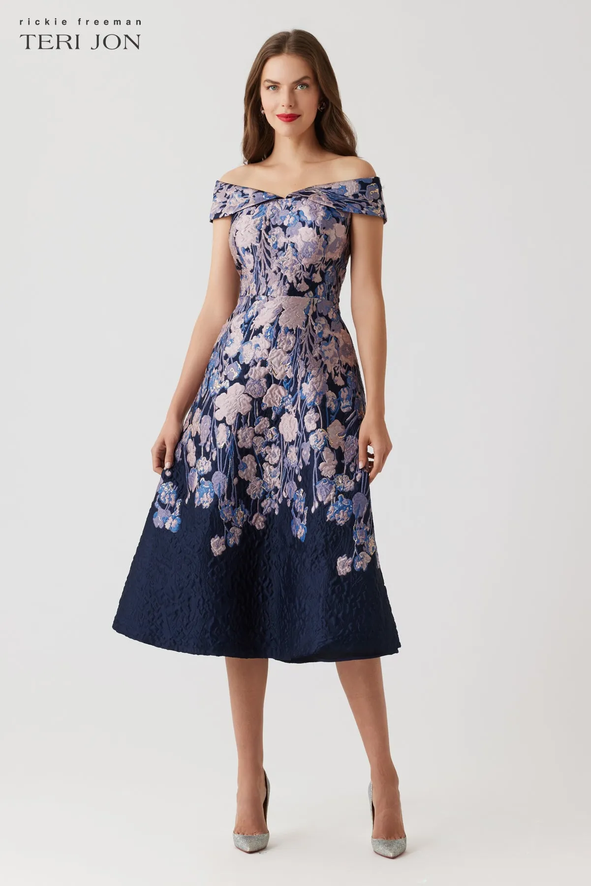 Floral Metallic Jacquard Off The Shoulder Dress sold by Teri Jon