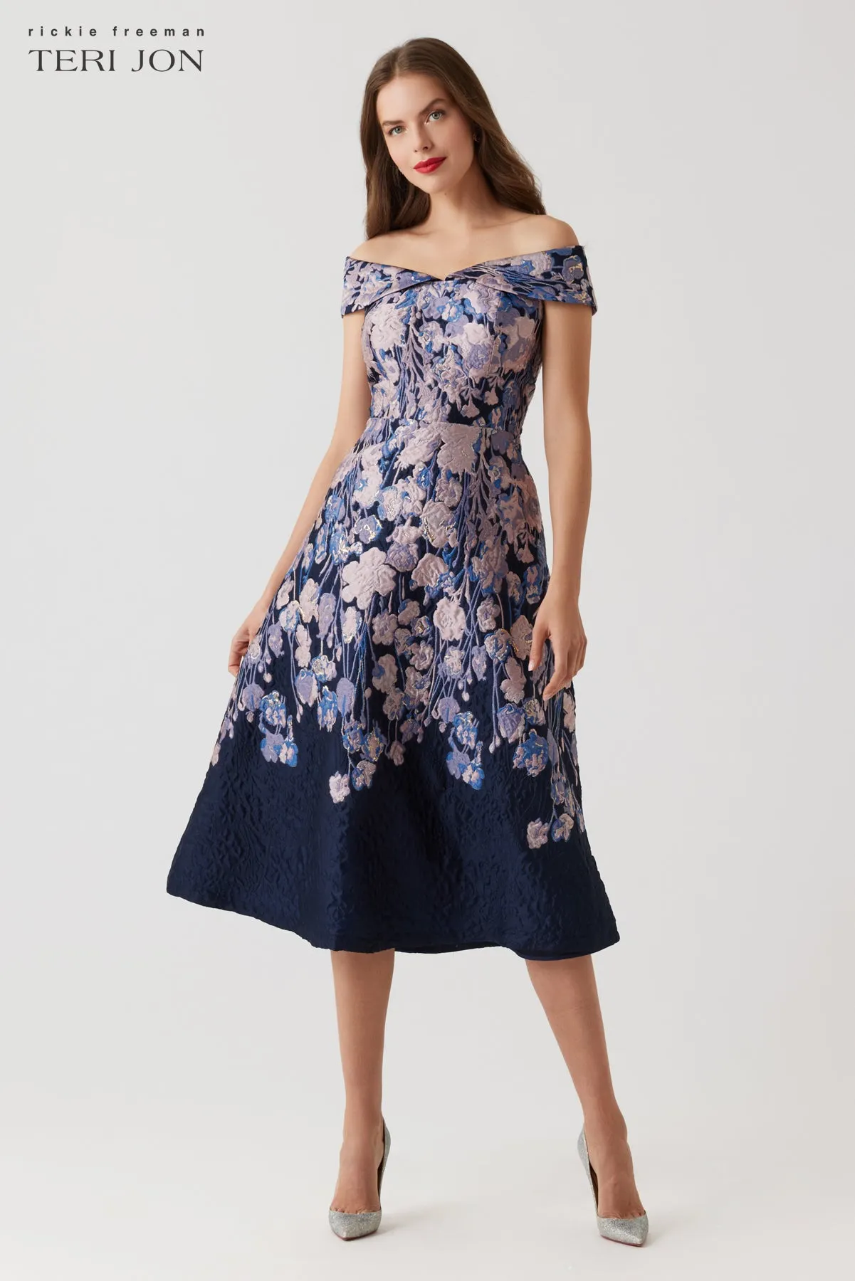 Floral Metallic Jacquard Off The Shoulder Dress sold by Teri Jon product image thumbnail 2