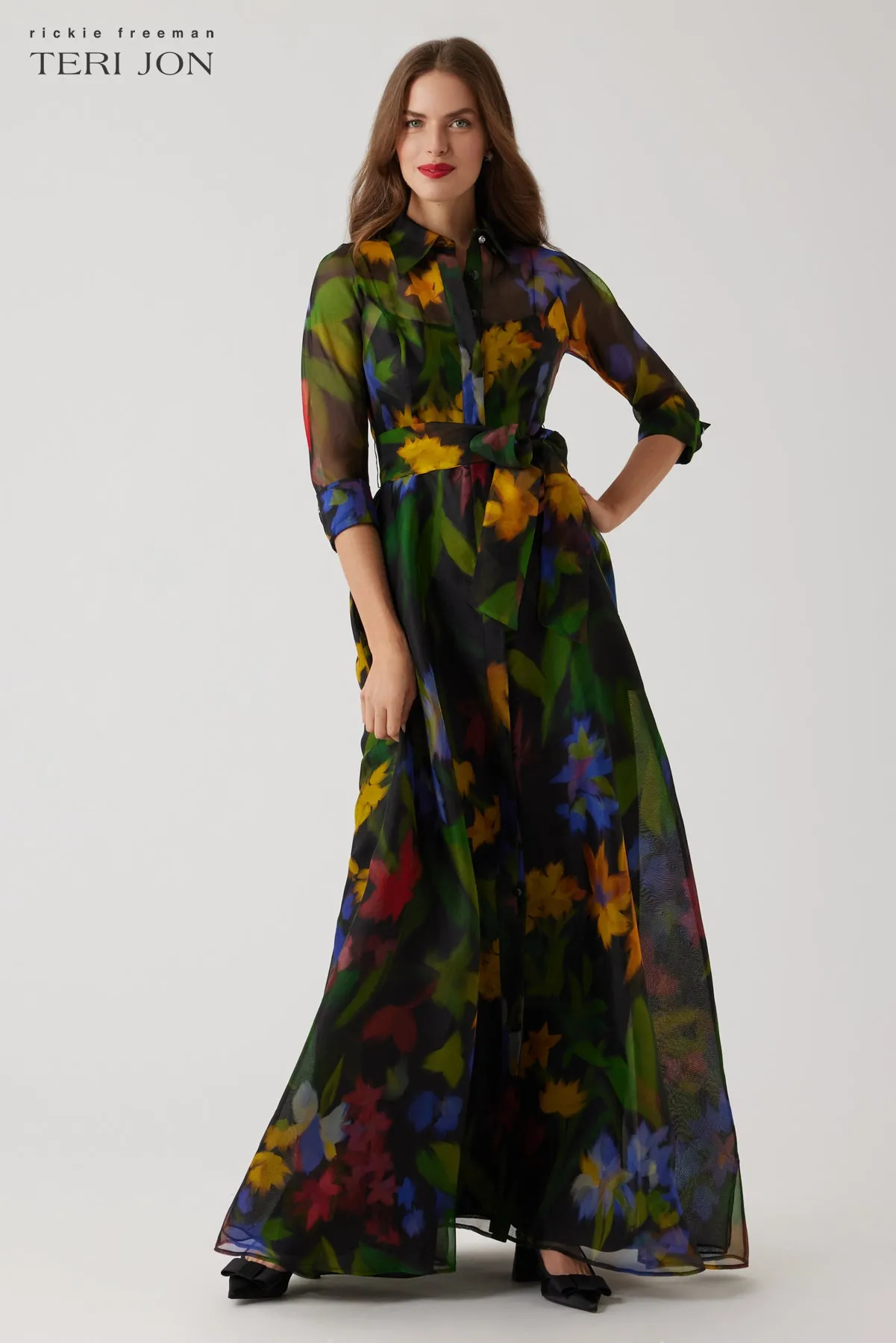 Floral Print Organza Shirt Gown sold by Teri Jon