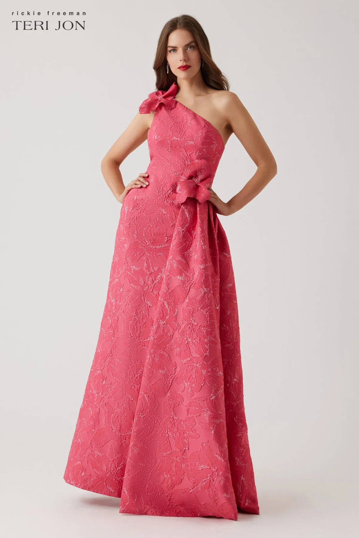 One Shoulder 3D Flower Side Drape Gown sold by Teri Jon