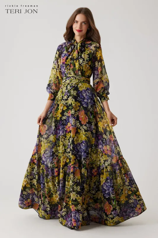 Chiffon Floral Print Tie Neck Gown sold by Teri Jon