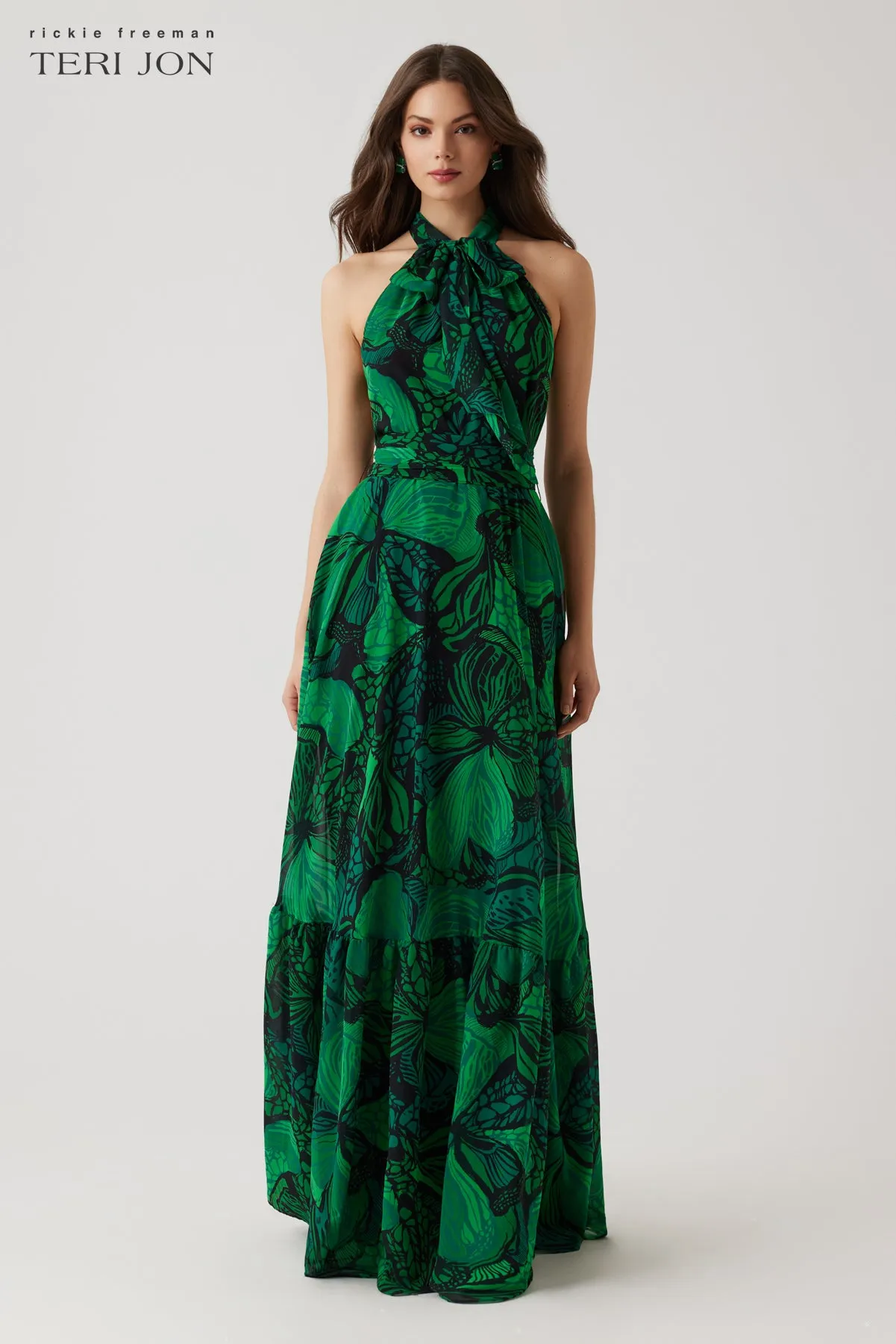 Chiffon Floral Print Halter Tie Neck Flounce Hem Gown sold by Teri Jon product image thumbnail 3