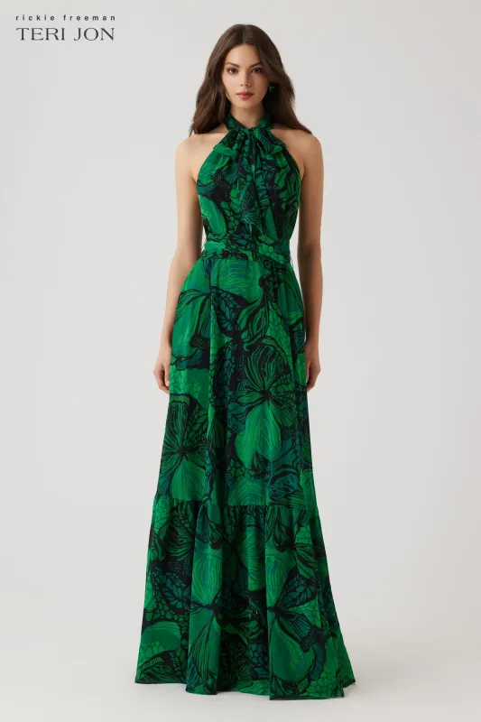 Chiffon Floral Print Halter Tie Neck Flounce Hem Gown sold by Teri Jon