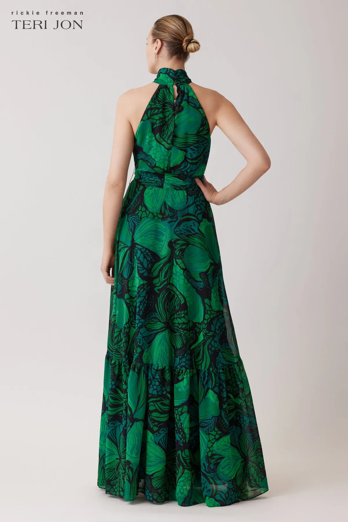 Chiffon Floral Print Halter Tie Neck Flounce Hem Gown sold by Teri Jon product image thumbnail 5