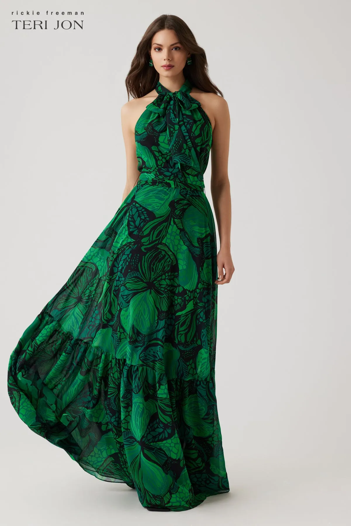 Chiffon Floral Print Halter Tie Neck Flounce Hem Gown sold by Teri Jon product image thumbnail 2