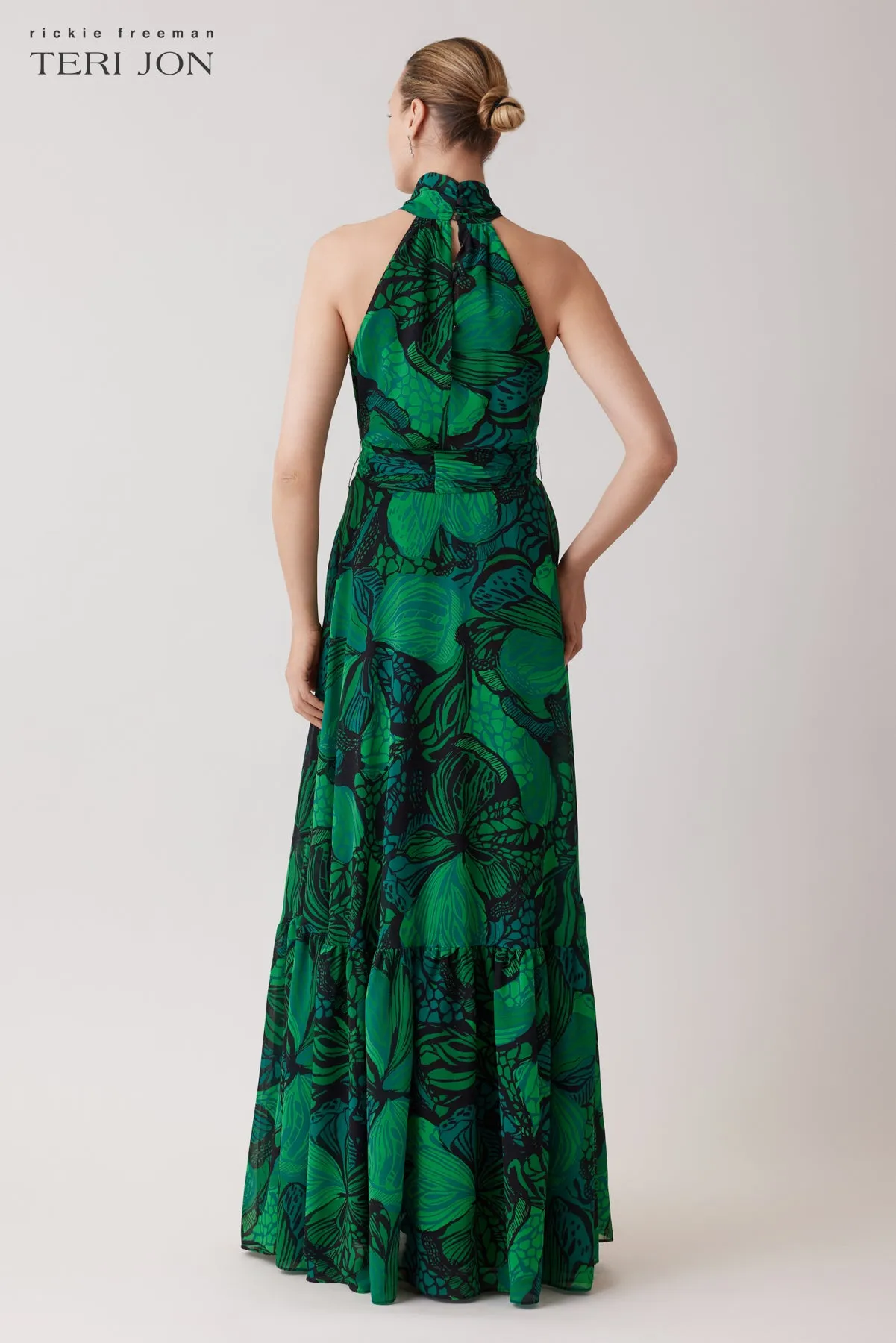 Chiffon Floral Print Halter Tie Neck Flounce Hem Gown sold by Teri Jon product image thumbnail 4