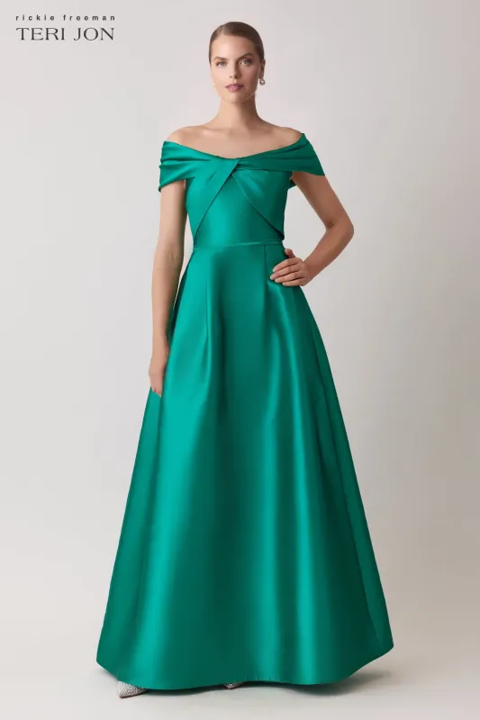 Mikado Stretch Off The Shoulder Twist Gown sold by Teri Jon