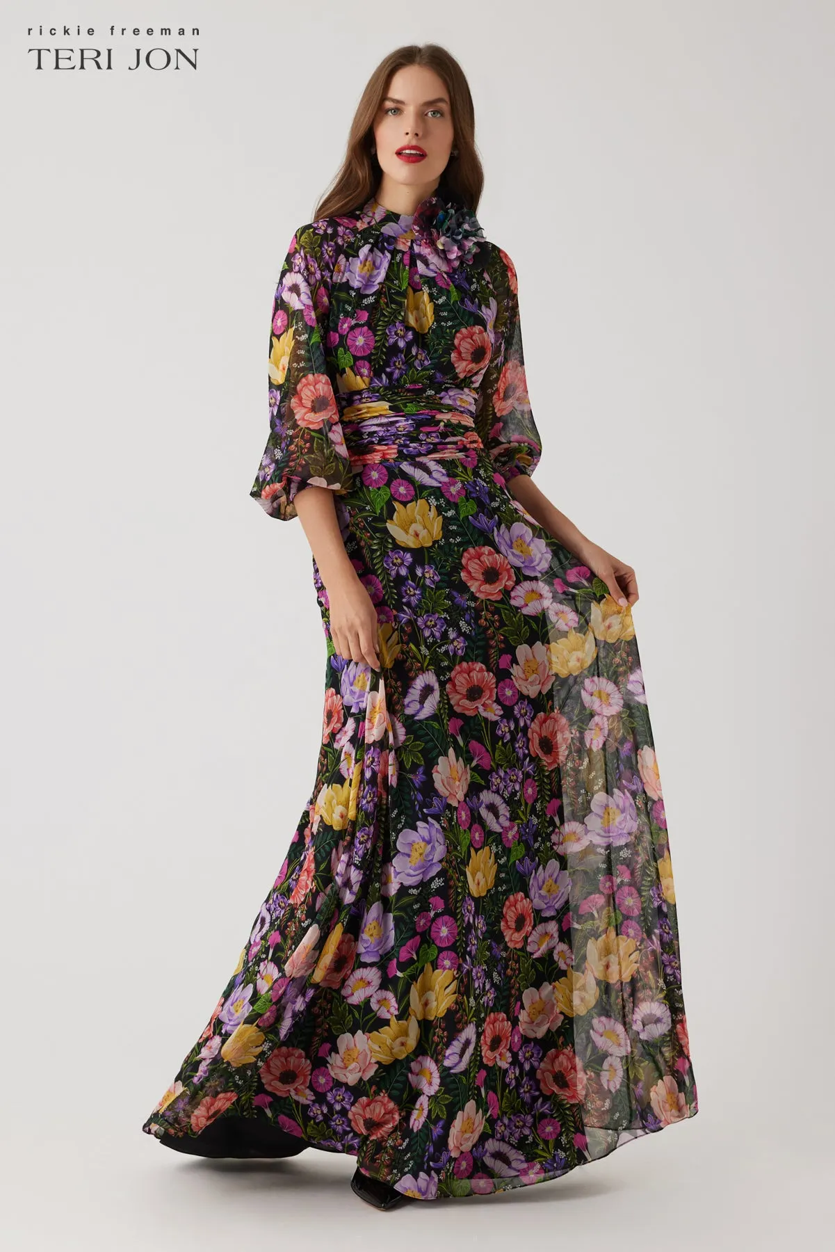 Chiffon Long Sleeve Tie Neck Gown sold by Teri Jon product image thumbnail 3