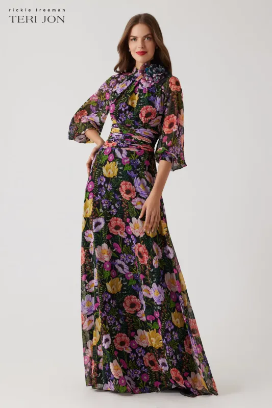 Chiffon Long Sleeve Tie Neck Gown sold by Teri Jon