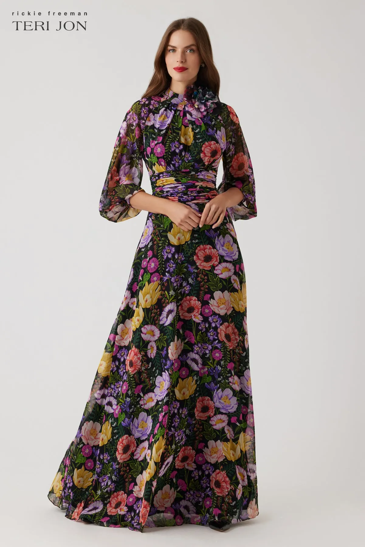 Chiffon Long Sleeve Tie Neck Gown sold by Teri Jon product image thumbnail 2