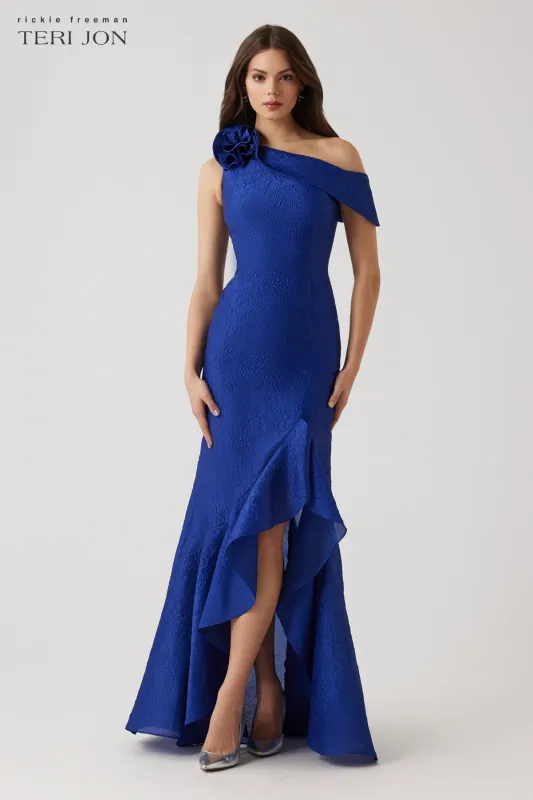 Organza Jacquard Assymetrical High Low Flounce Gown made by Teri Jon