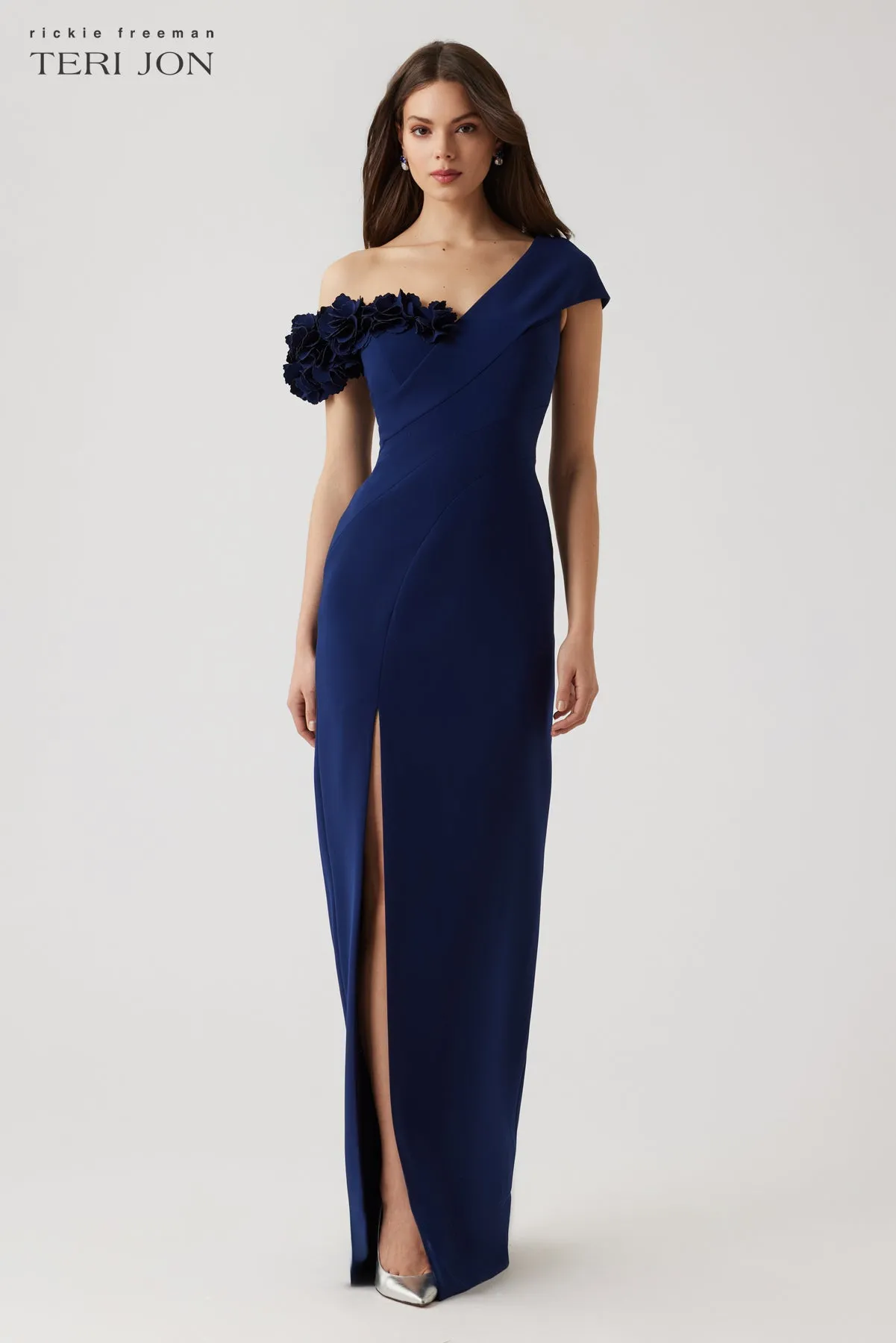 Stretch Crepe 3D Flower Asymmetrical Gown sold by Teri Jon product image thumbnail 3