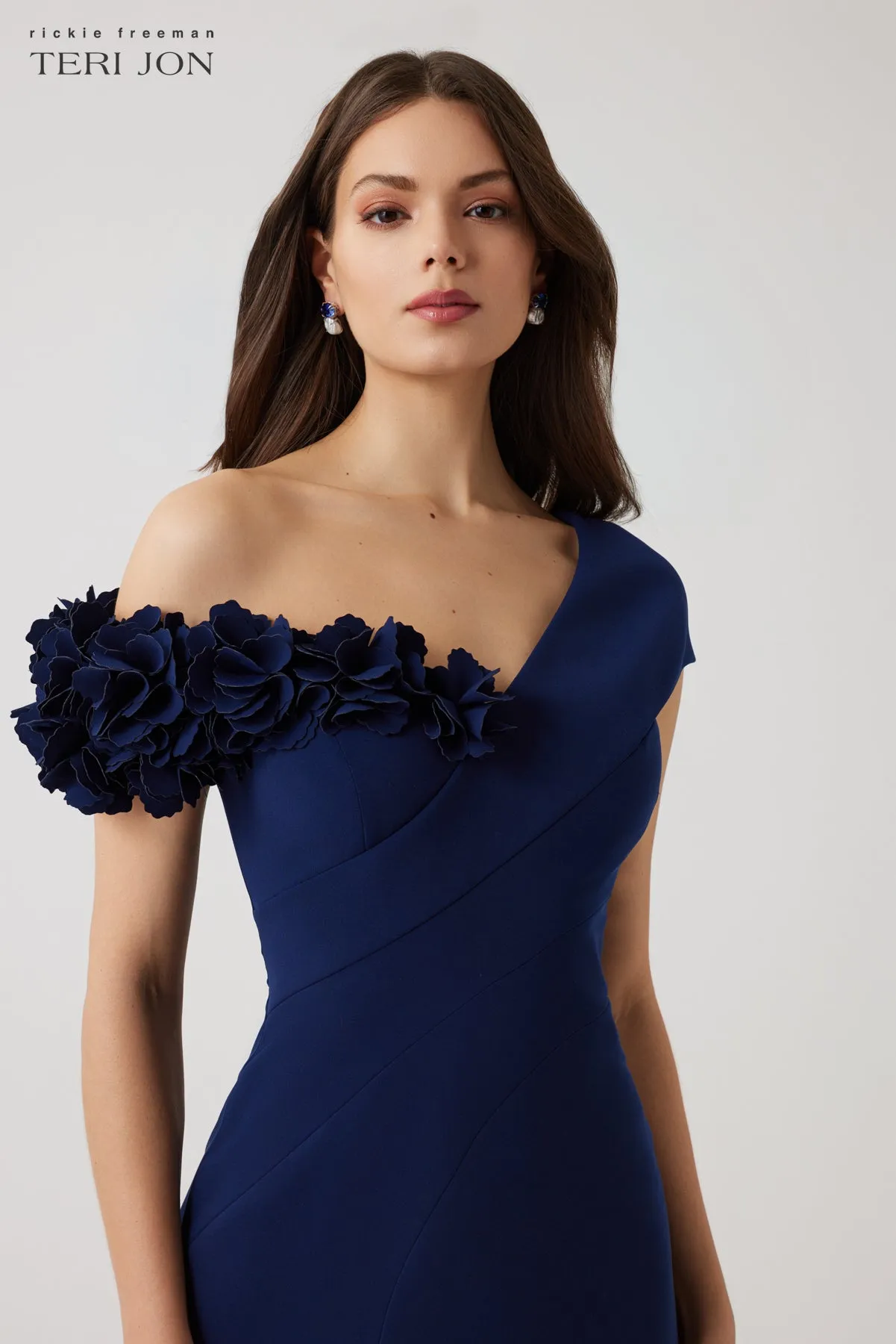 Stretch Crepe 3D Flower Asymmetrical Gown sold by Teri Jon product image thumbnail 4