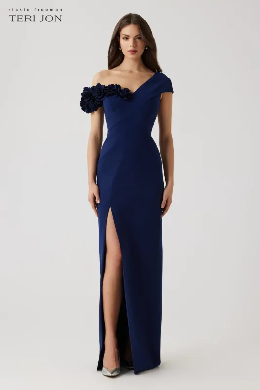 Stretch Crepe 3D Flower Asymmetrical Gown sold by Teri Jon