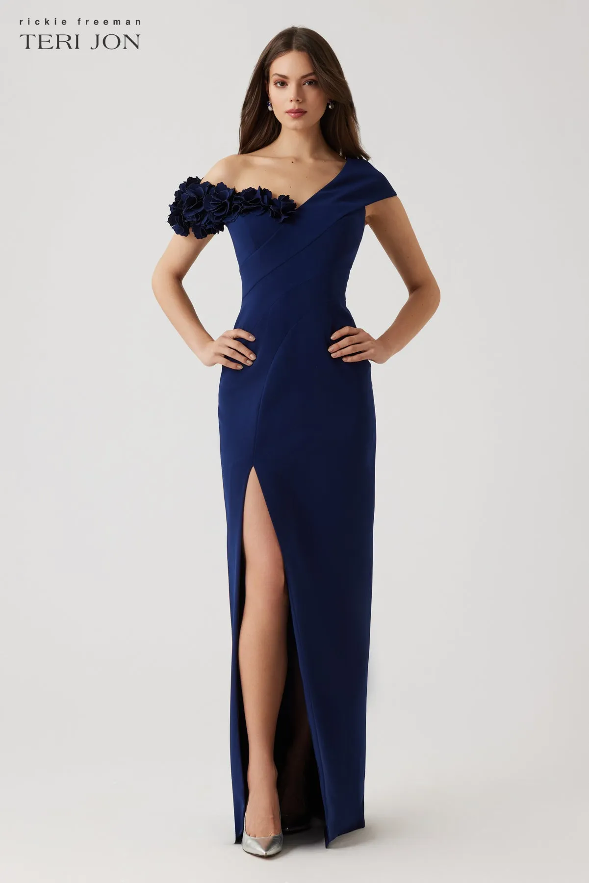 Stretch Crepe 3D Flower Asymmetrical Gown sold by Teri Jon product image thumbnail 2