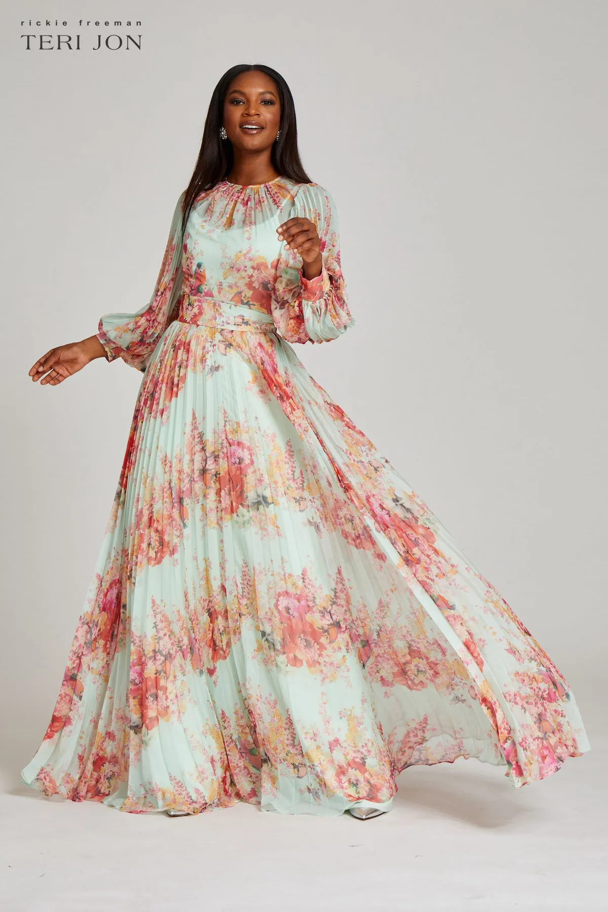 Floral Printed Pleated Sleeve Chiffon Gown sold by Teri Jon product image thumbnail 3