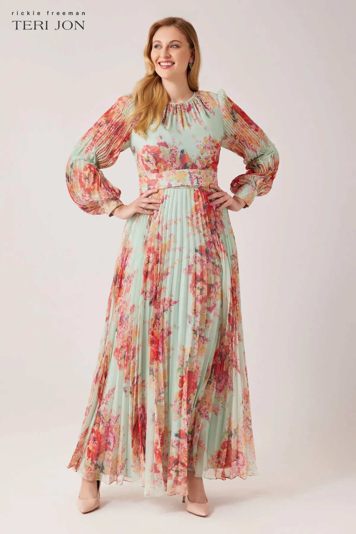 Floral Printed Pleated Sleeve Chiffon Gown sold by Teri Jon product image thumbnail 2