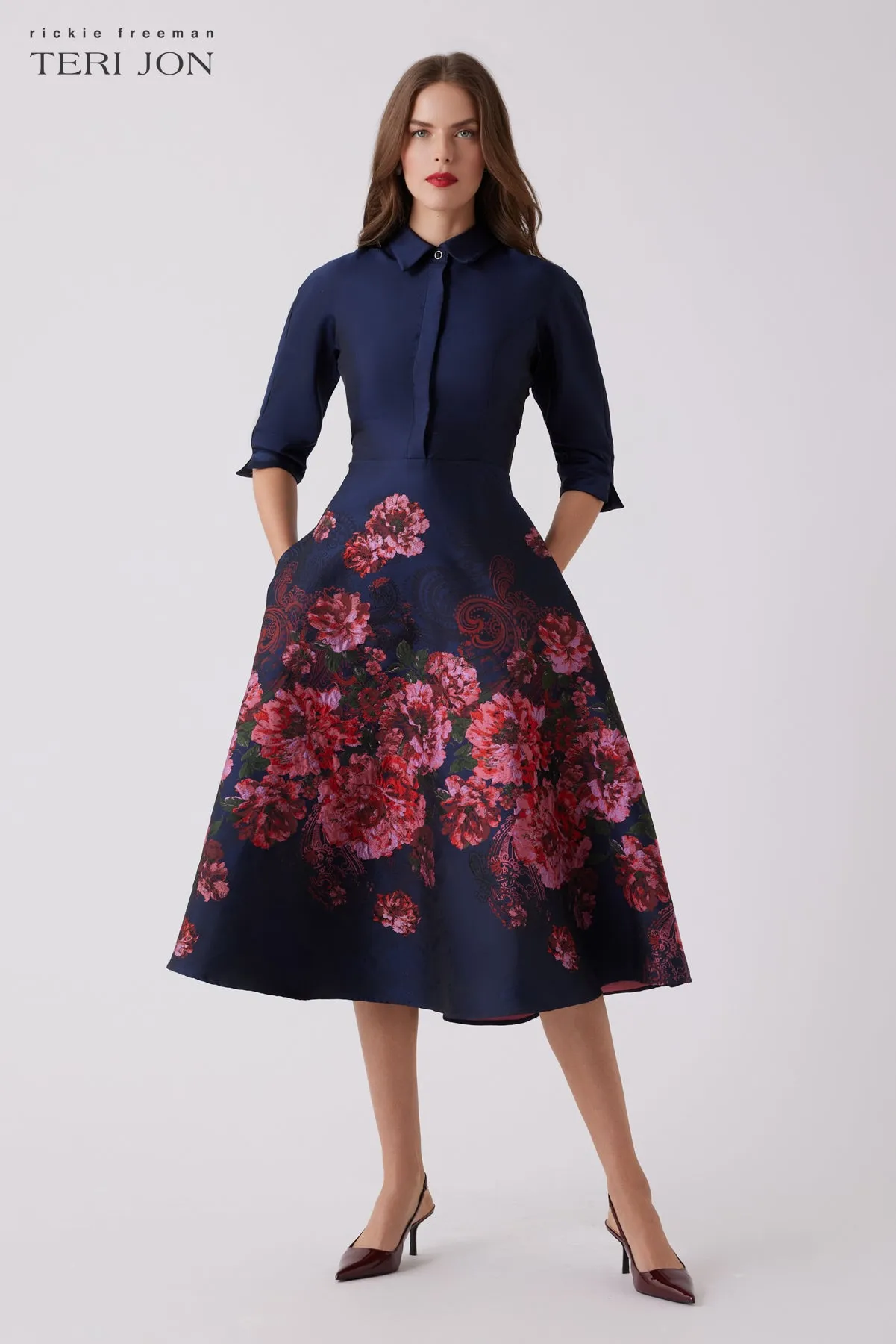 Jacquard Floral Paisley Shirt Waist Dress sold by Teri Jon product image thumbnail 3