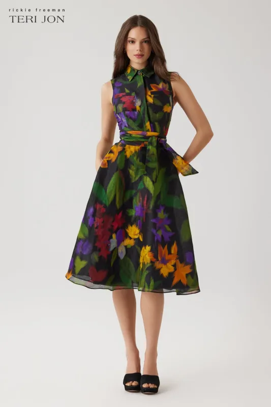 Silken Linen Hazy Floral Sleeveless Shirt Dress made by Teri Jon