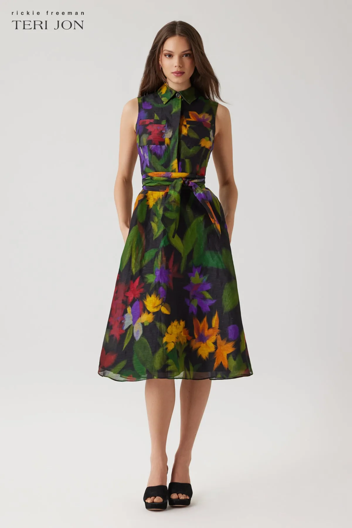 Silken Linen Hazy Floral Sleeveless Shirt Dress sold by Teri Jon product image thumbnail 2