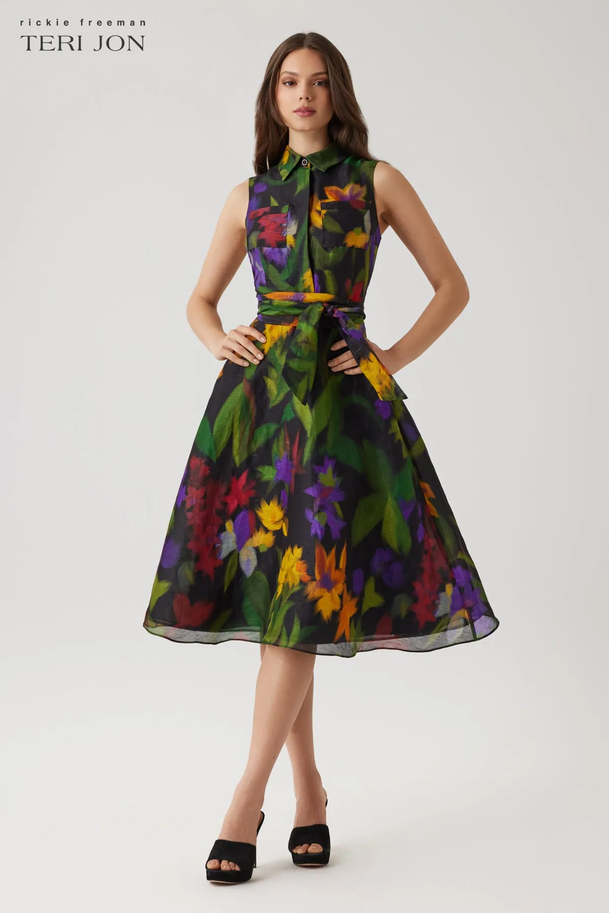 Silken Linen Hazy Floral Sleeveless Shirt Dress sold by Teri Jon product image thumbnail 3