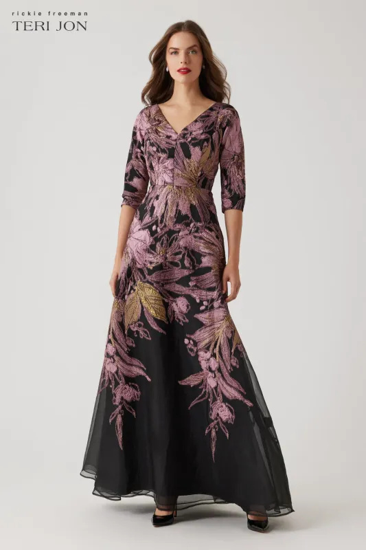 Metallic Jacquard Floral V Neck Gown sold by Teri Jon