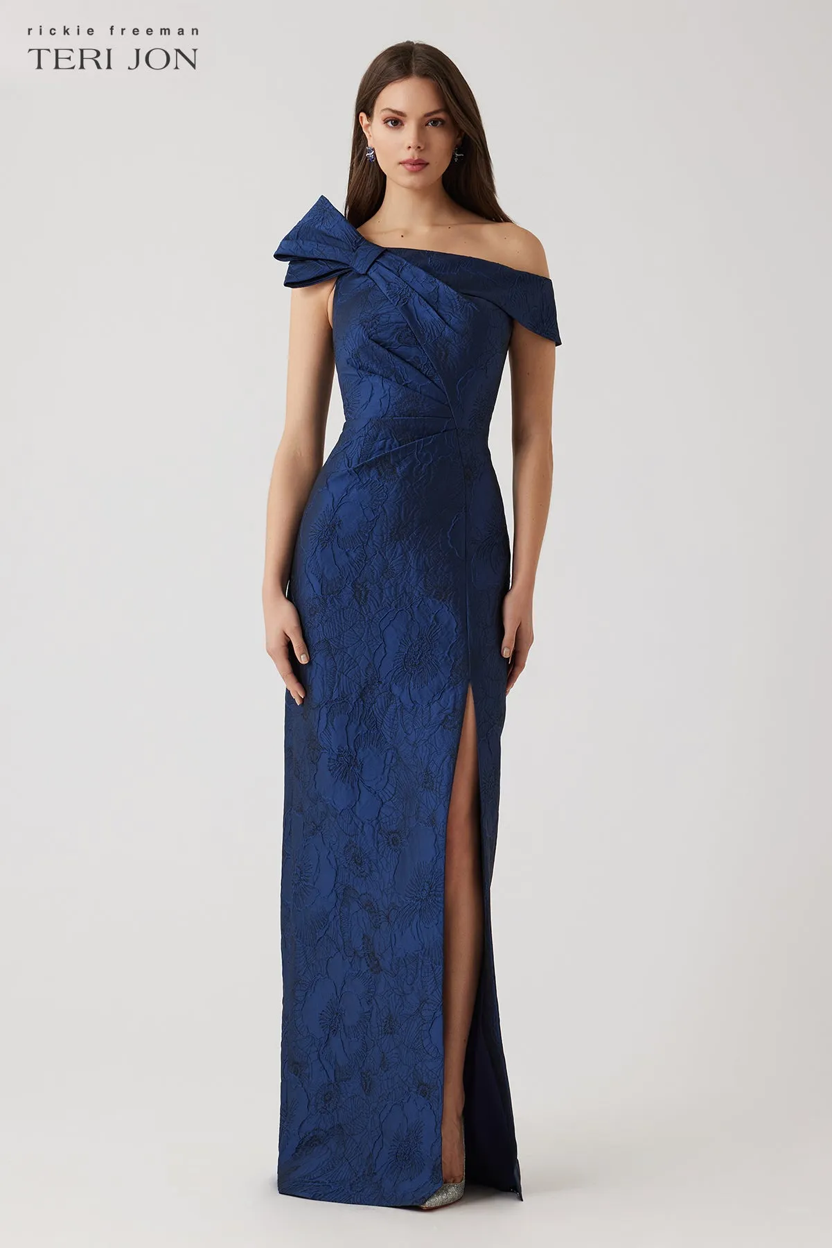 Jacquard Asymmetrical Bow Gown sold by Teri Jon