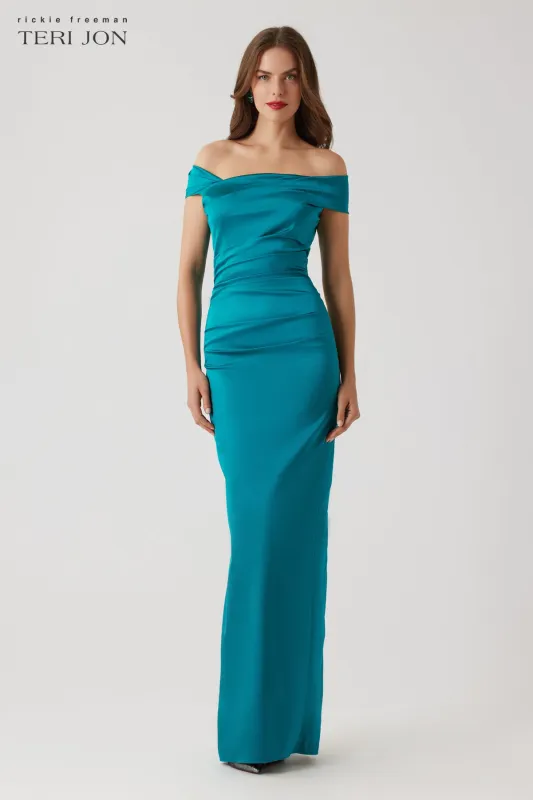 Satin Ruched Asymmetrical Off The Shoulder Gown sold by Teri Jon