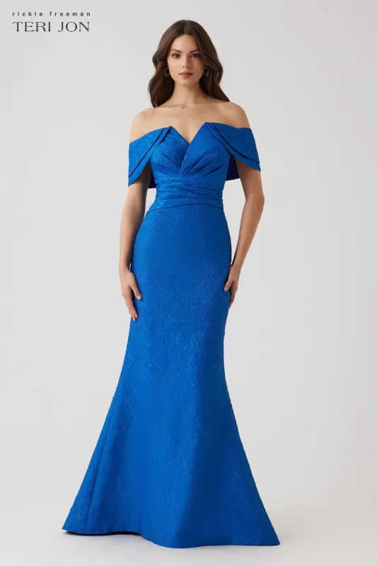 Metallic Jacquard Off The Shoulder Portrait Gown sold by Teri Jon