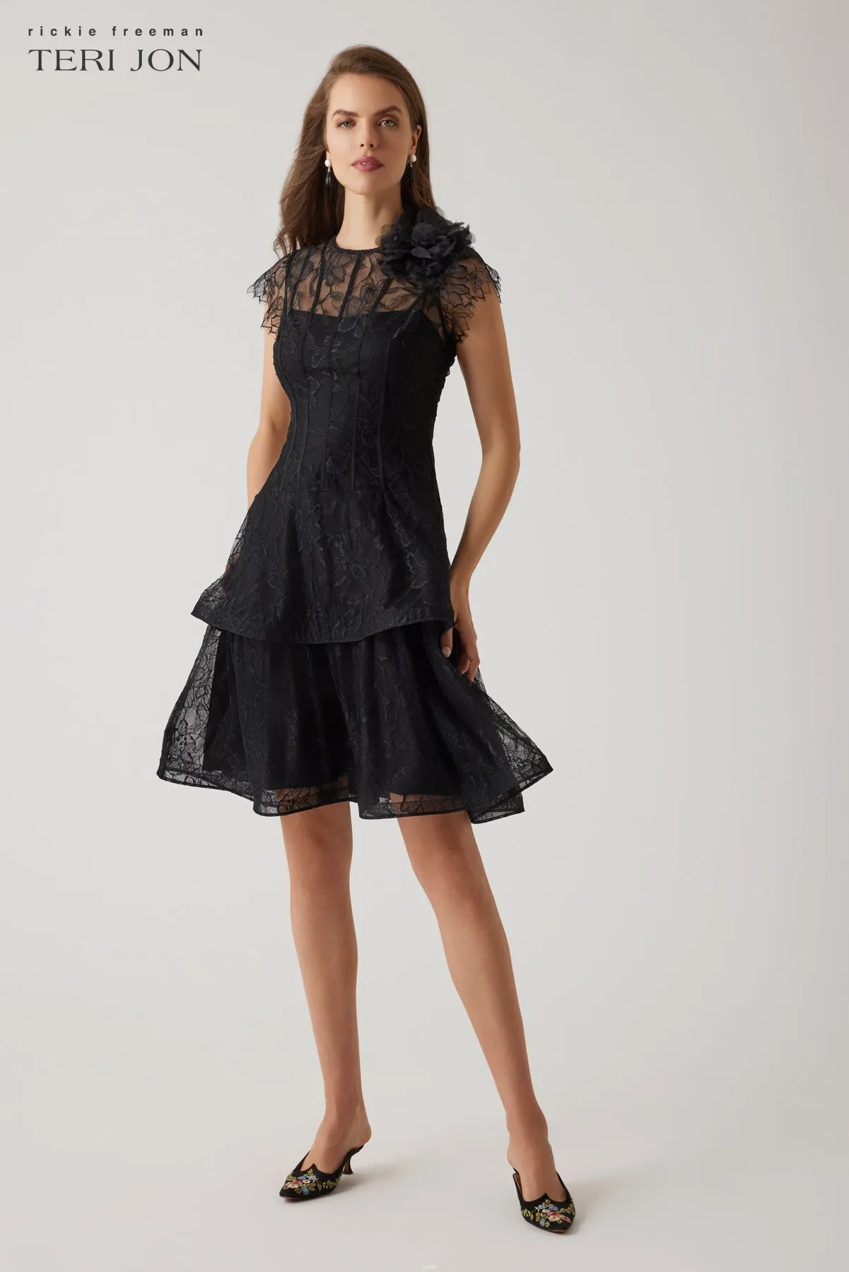 Floral Lace Tiered Dress sold by Teri Jon