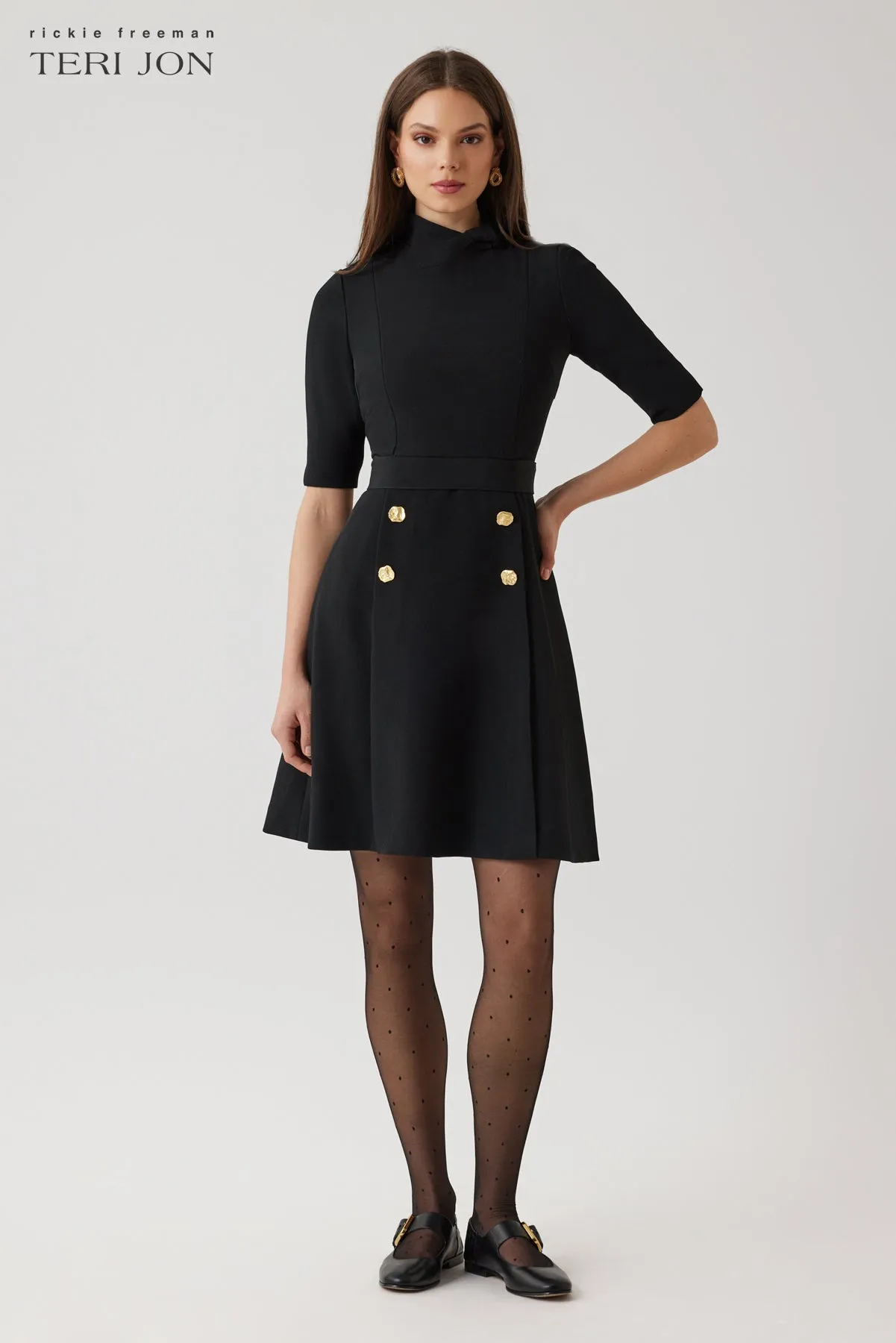 Crepe Fit And Flare Tie Neck Dress With Buttons sold by Teri Jon product image thumbnail 2