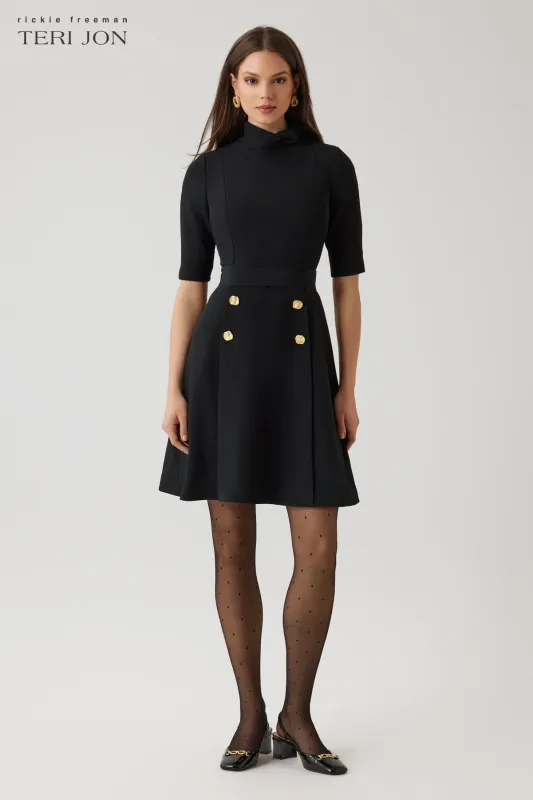 Crepe Fit And Flare Tie Neck Dress With Buttons sold by Teri Jon