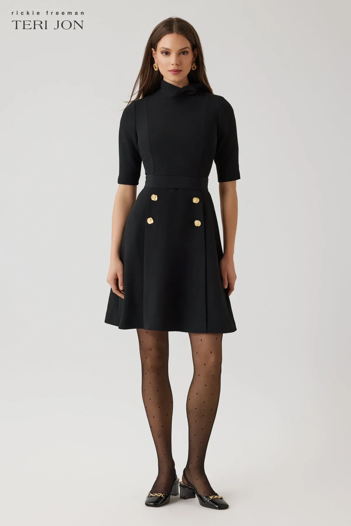 Crepe Fit And Flare Tie Neck Dress With Buttons sold by Teri Jon