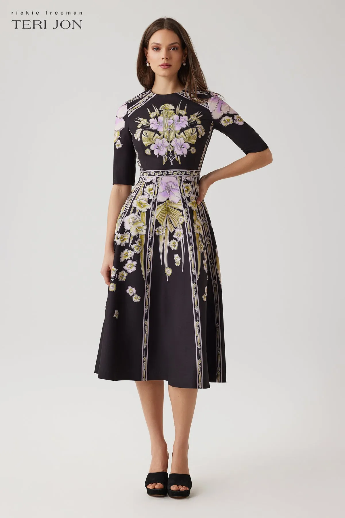 Crepe Floral Elbow Sleeve Fit And Flare Dress sold by Teri Jon product image thumbnail 2