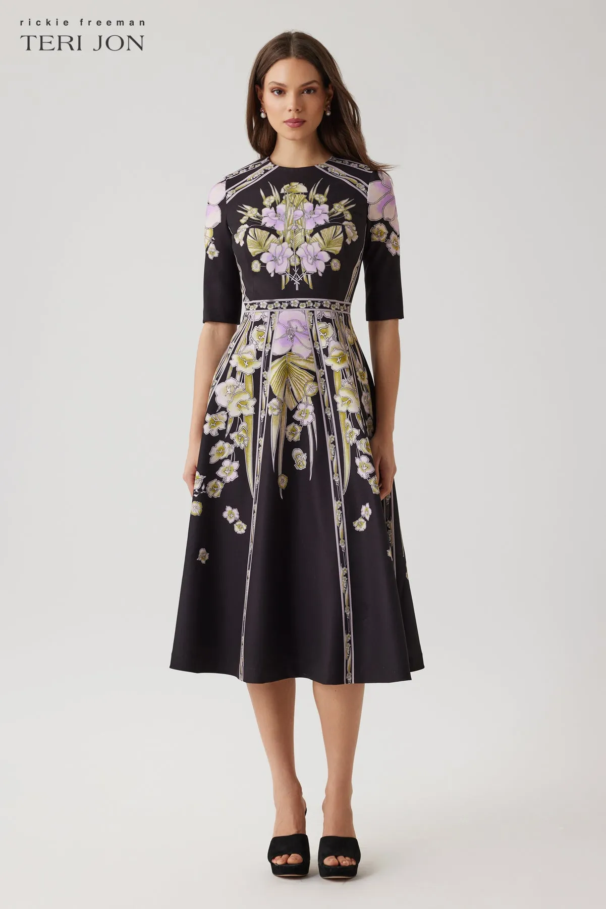 Crepe Floral Elbow Sleeve Fit And Flare Dress sold by Teri Jon