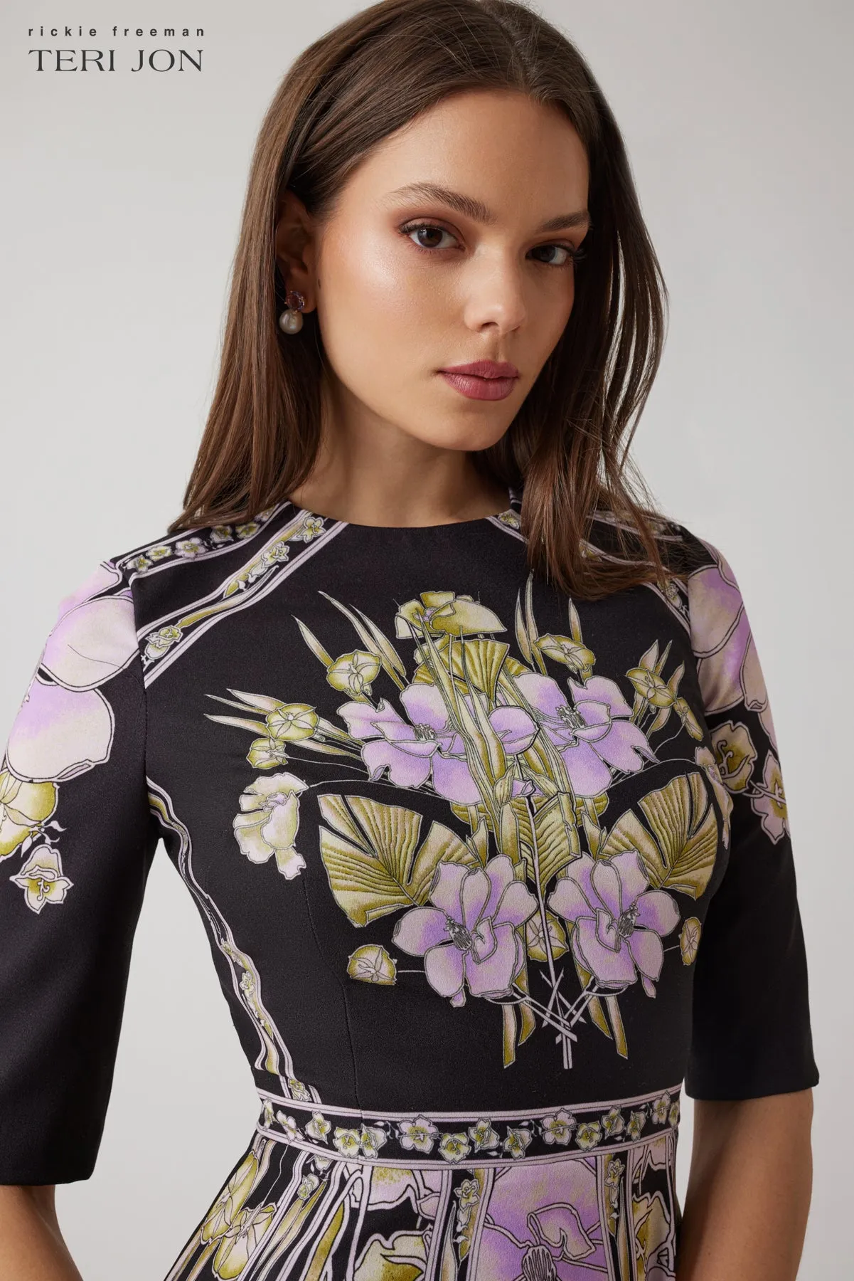 Crepe Floral Elbow Sleeve Fit And Flare Dress sold by Teri Jon product image thumbnail 3