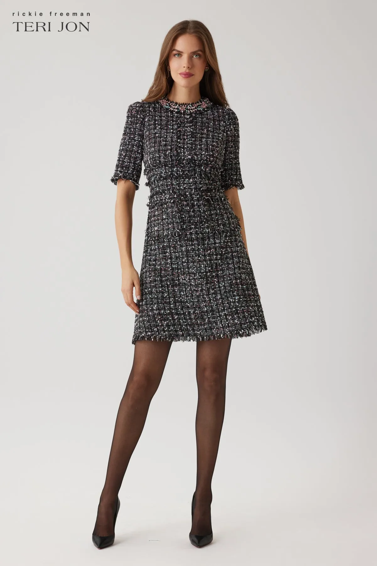 Tweed Jewel Collar Fit And Flare Dress sold by Teri Jon product image thumbnail 2