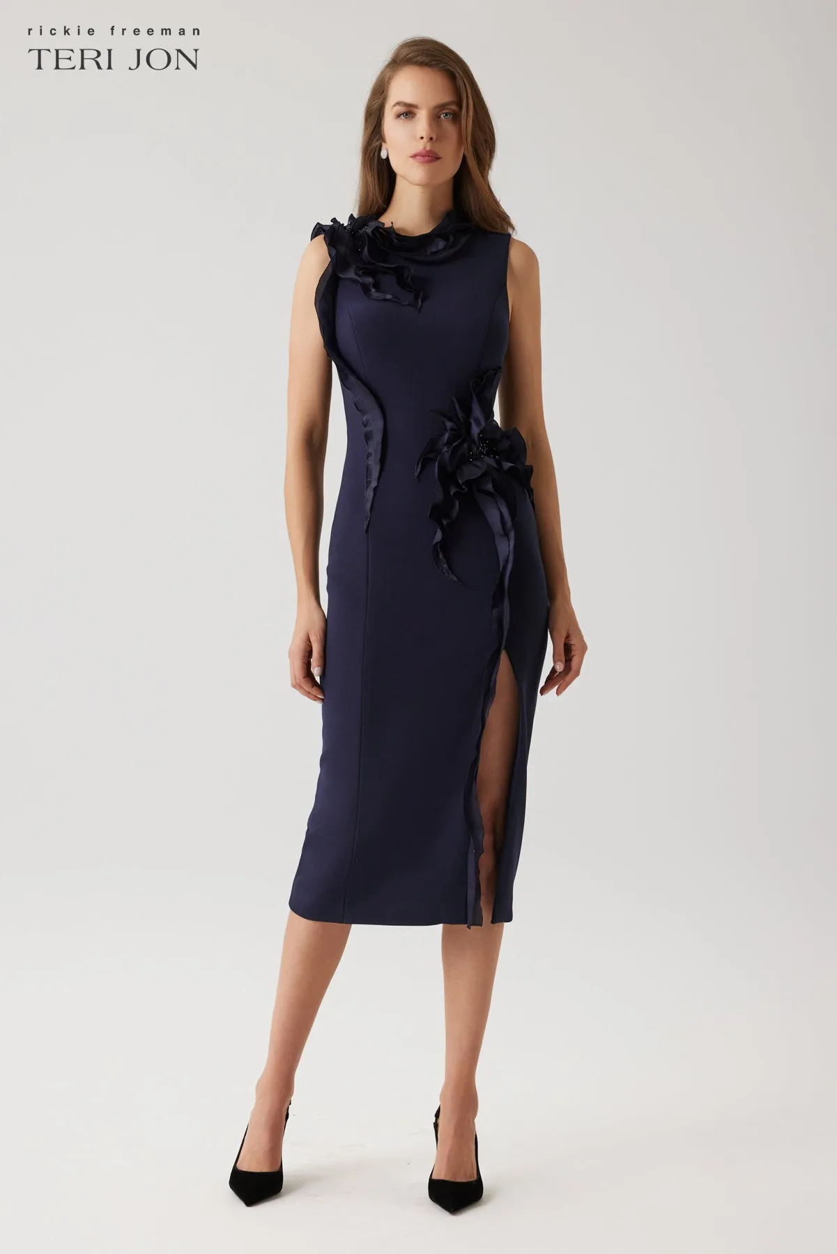 Stretch Crepe Beaded Organza Ruffle Flower Dress sold by Teri Jon