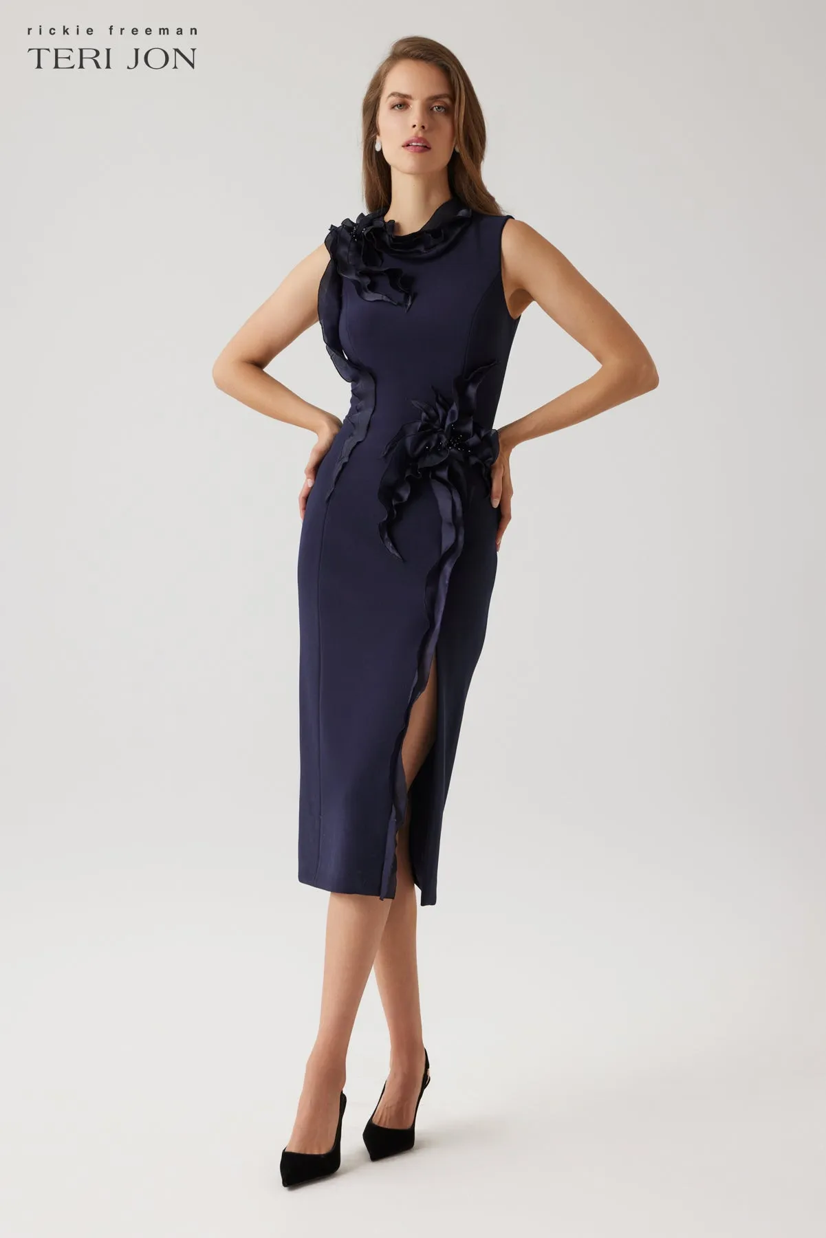 Stretch Crepe Beaded Organza Ruffle Flower Dress sold by Teri Jon product image thumbnail 2