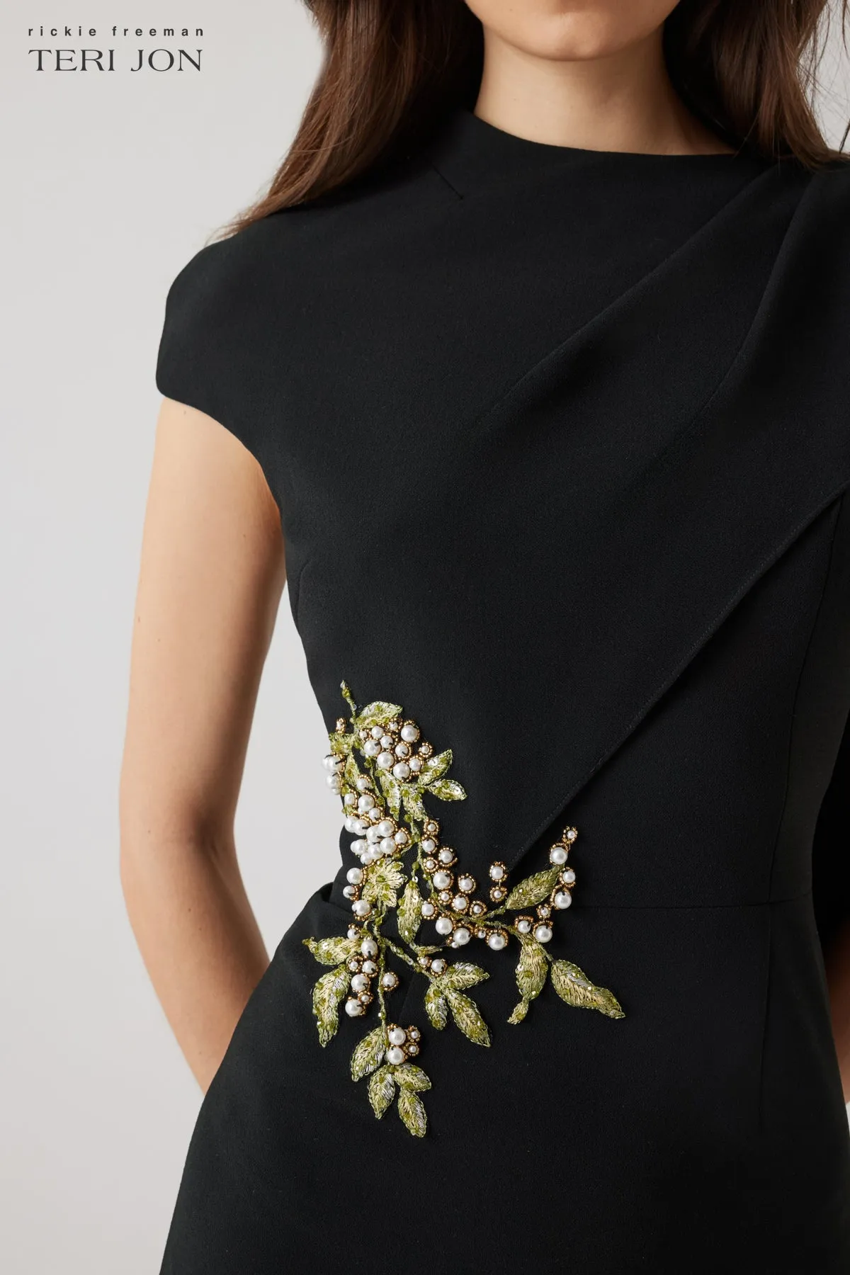 Crepe Pearl Floral Applique With Cape Dress sold by Teri Jon product image thumbnail 3