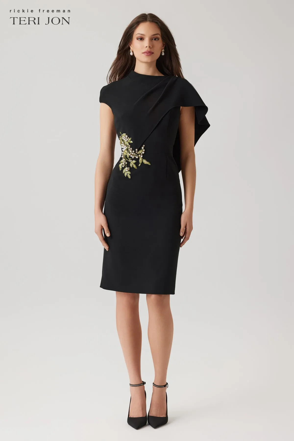 Crepe Pearl Floral Applique With Cape Dress sold by Teri Jon