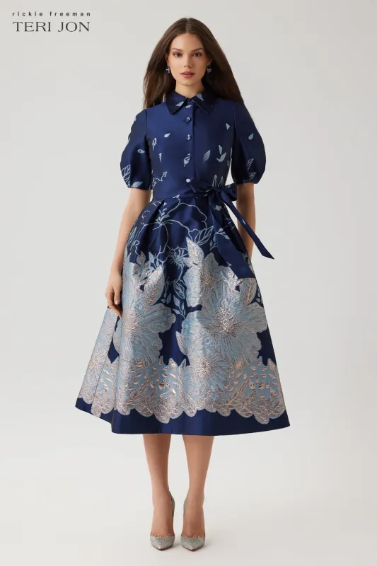 Metallic Jacquard Floral Puff Sleeve Dress sold by Teri Jon
