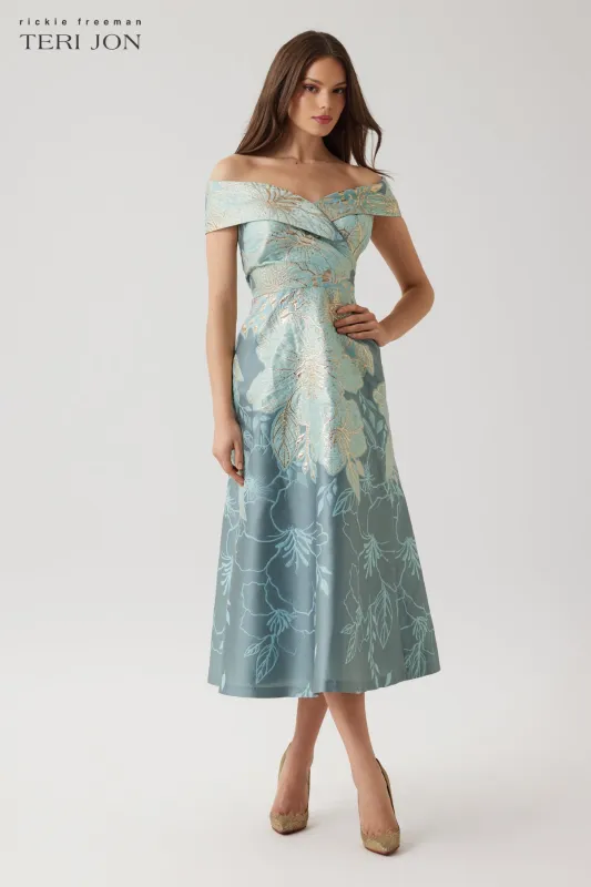 Metallic Jacquard Floral Off The Shoulder Dress sold by Teri Jon