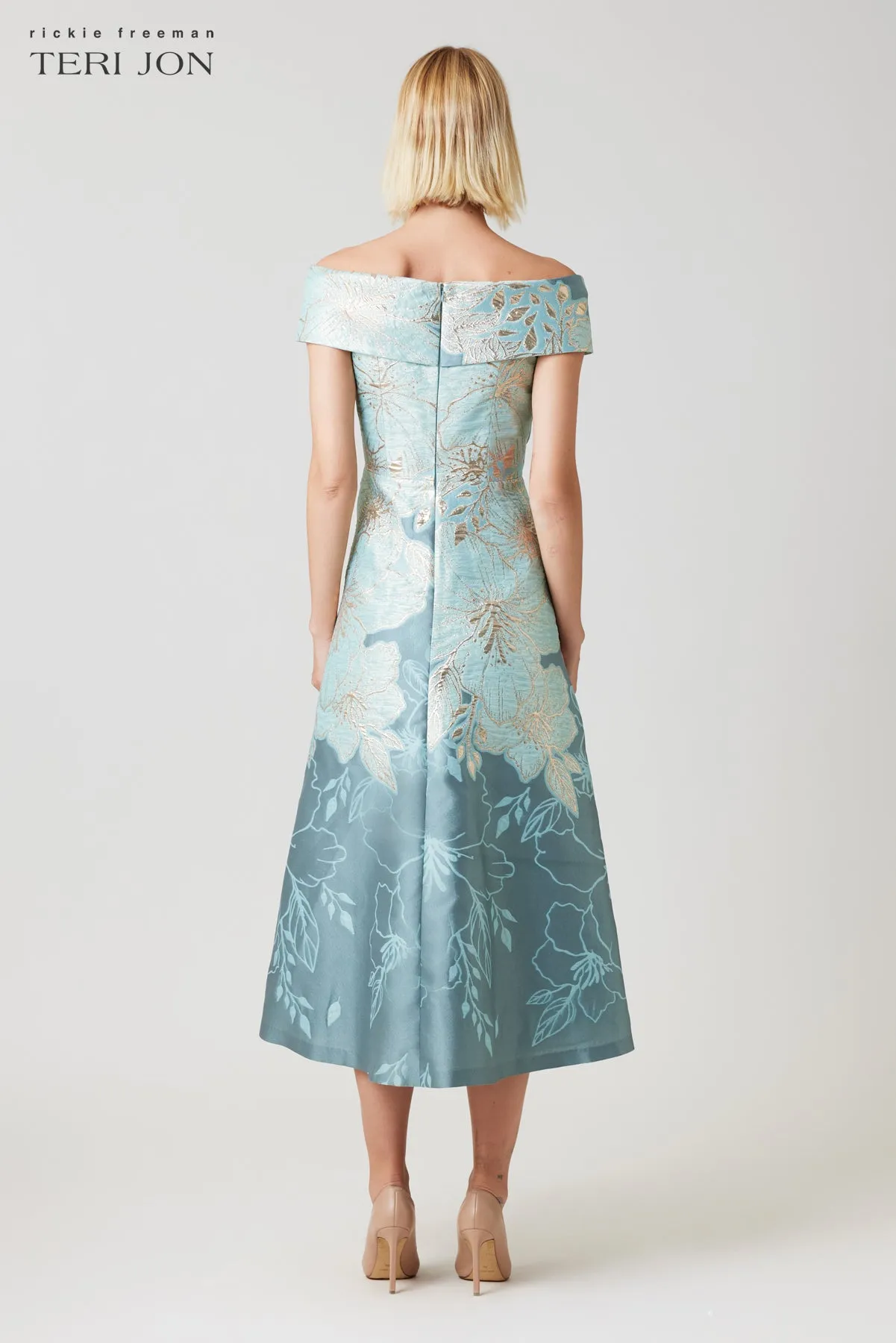 Metallic Jacquard Floral Off The Shoulder Dress sold by Teri Jon product image thumbnail 3