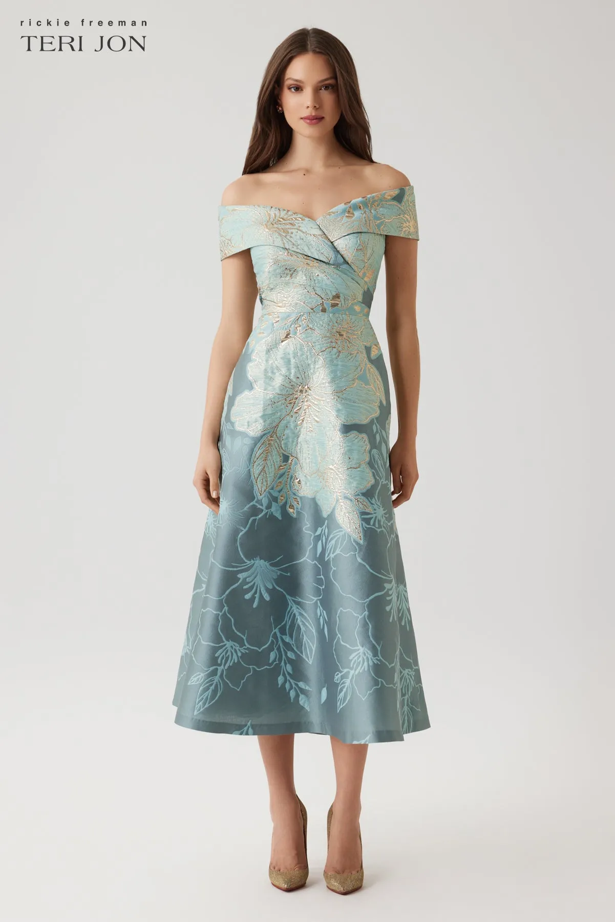 Metallic Jacquard Floral Off The Shoulder Dress sold by Teri Jon product image thumbnail 2