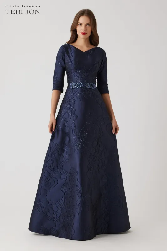 Floral Metallic Jaquard A Line Beaded Belt Gown sold by Teri Jon